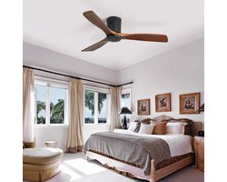Re-purelife® Koel Zomer Collectie grote plafondventilator met licht voor woonkamer, eetkamer of ruime slaapkamer | ventilator met Metal & Wood | afstandsbediening, 6 snelheden en winterstand | 18W LED | modern design zwart 132 × 132 × 24 cm