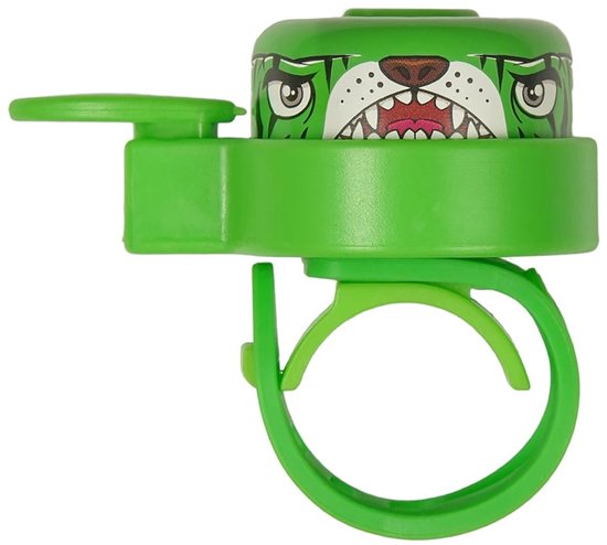 Groene fietsbel met een tijgergezicht en scherpe tanden.