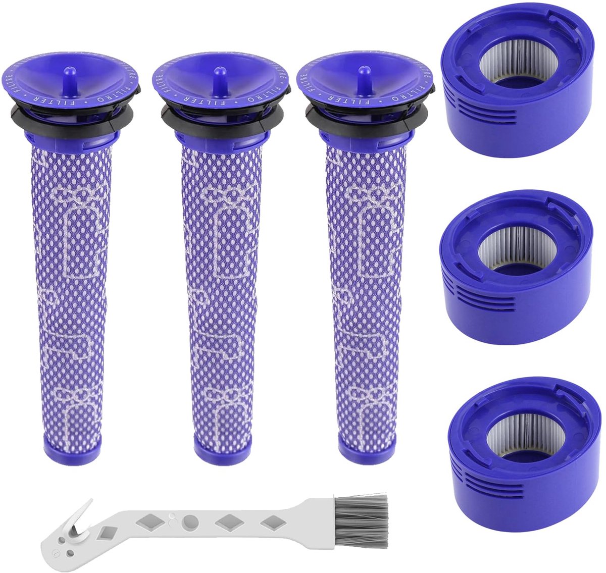 Vervangingsset met 6 stofzuigerfilters voor de Dyson V7 - V8 Animal en V8 Absolute draadloze stofzuiger - inclusief 3 nafilters en 3 voorfilters. Vervangt onderdeelnummers 965661-01 en 967478-01.