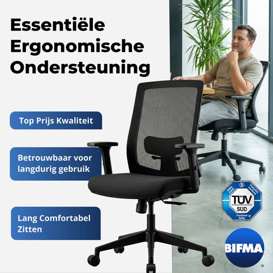 Backerz Ergonomische Bureaustoel - Bureaustoelen voor Volwassenen tot 140kg - Low Back Office Chair - NEN-EN1335 - Zwart