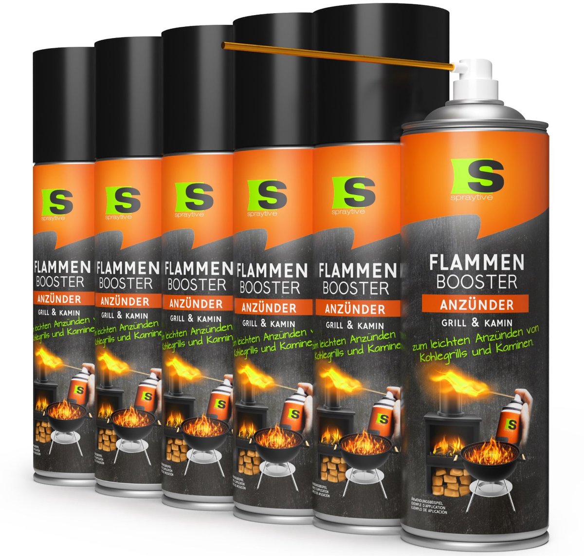 Spraytive 6x 500ml BBQ aanmaak spray grillaansteker voor houtskool en open haard snelle ontsteking met veiligheidsbuis