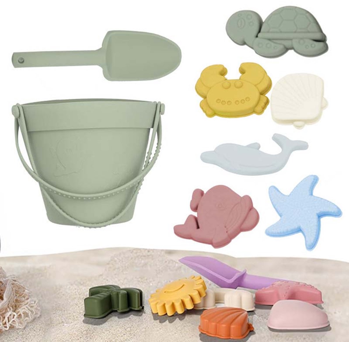 8 Stuks Kinder Zandstrand Silicone Speelgoed - Reizen Zandstrand Set Speelgoed - Inclusief 1 Silicone Vat, 1 Schop, 6 Zandmodellen - Jongens Meisjes Zomer Zwembad Buiten Badspeelgoed (Groen)