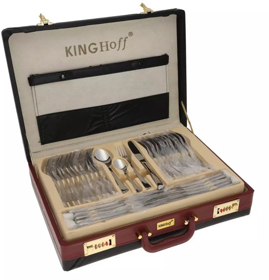 Service de couverts de luxe 72 pièces dans une mallette marron avec logo KINGHOFF.