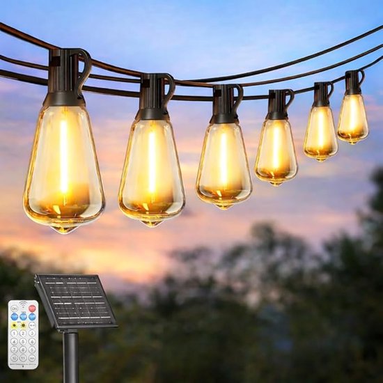 18 meter lange solar lichtslinger voor buiten, IP44 waterdicht, werkt op zonne-energie, met afstandsbediening en USB-interface, 30+1 onbreekbare LED-lampjes, dimbaar, geschikt voor buitenlocaties zoals campings, achtertuinen, bars, veranda's, enz.