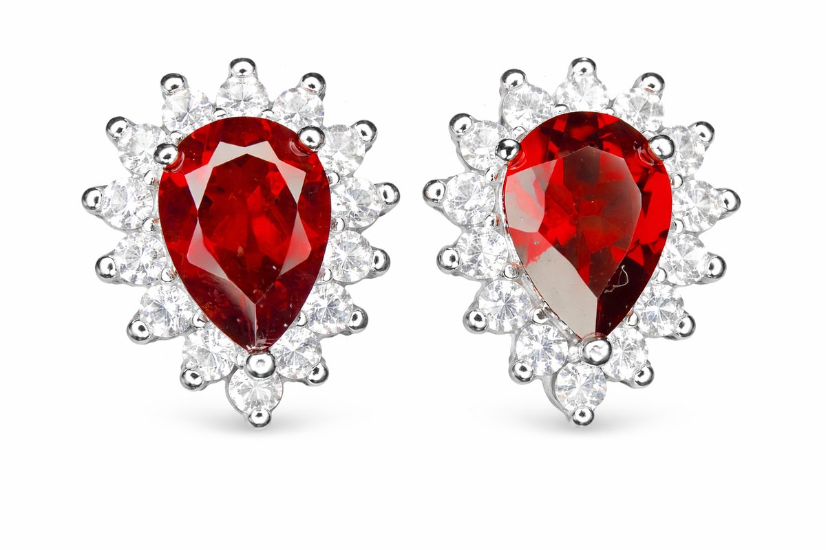 925 Zilveren Oorknoppen met Rhodoliet Granaat en Zirkonia - Rhodium Plated - Rode Edelsteen Oorbellen Dames