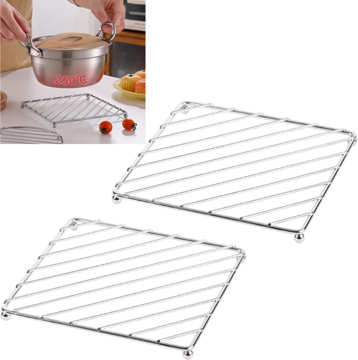 2 stuks - Hittebestendige, hittebestendige mat van roestvrij staal - antislip, hittebestendig- placemat - koelrek voor kookgerei - 18,5*18,5*1,5 cm - voor tafeldekking, bakken, kookgerei, airfryer, warmte-isolatie en voedselbewaring - zilverkleurig