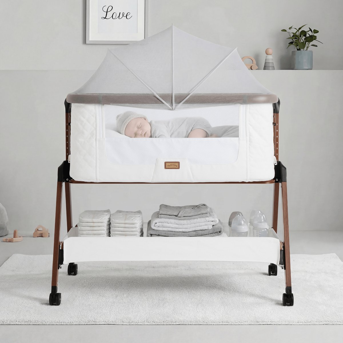 Love For Sleep Co-Sleeper & Beistellbett – Wieg 2-in-1 – Verstelbaar in 7 Hoogtes – Inclusief Matras, Muskietennet & Reistas – Wit