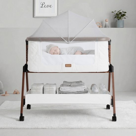 Love For Sleep Co-Sleeper & Beistellbett – Wieg 2-in-1 – Verstelbaar in 7 Hoogtes – Inclusief Matras, Muskietennet & Reistas – Wit