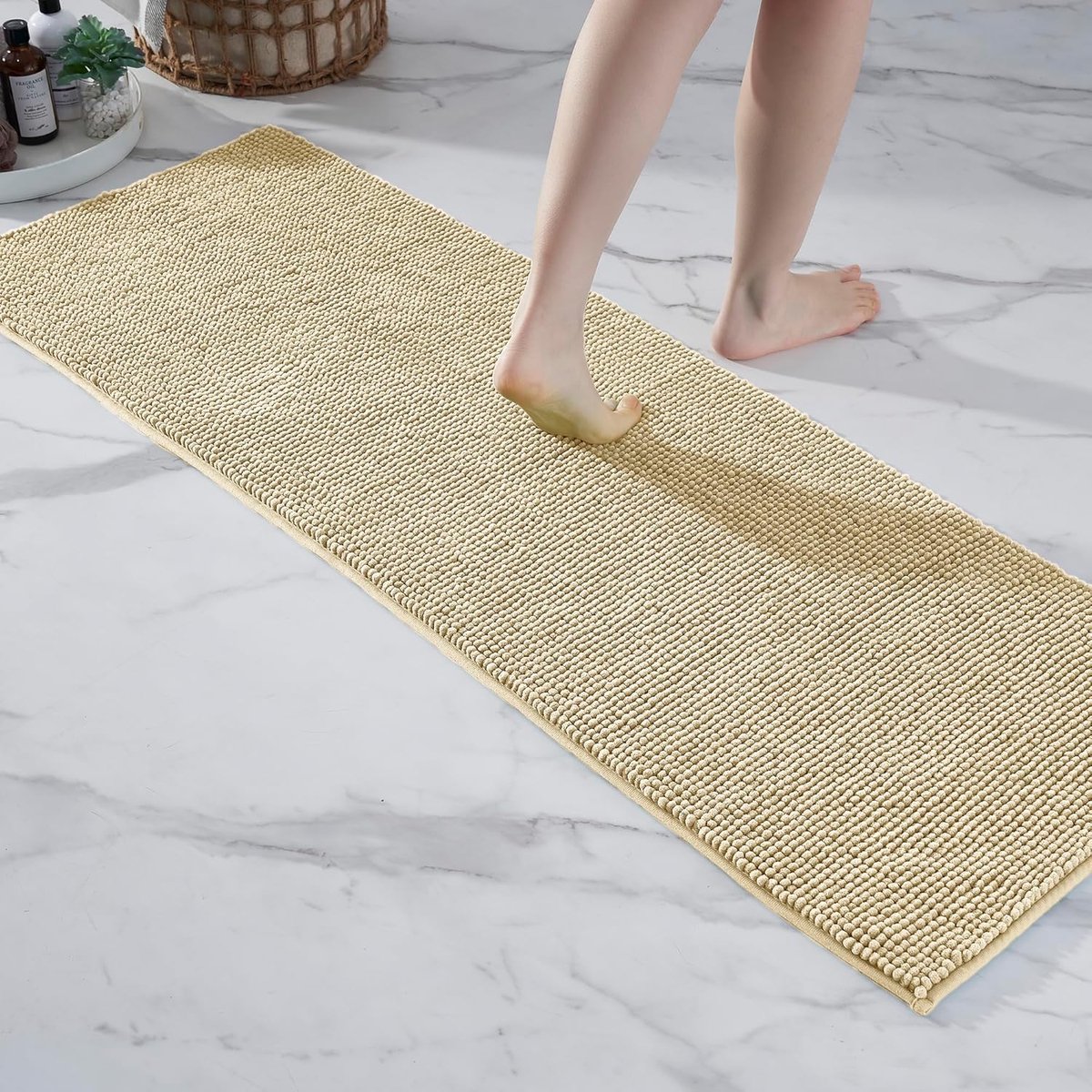 Hoogpolige Chenille Badmat - Super Absorberend en Anti-Slip - Machinewasbaar - Zachte Douchemat voor Badkamer - Beige - 50x150 cm