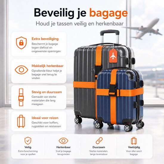 Een zwarte en een blauwe koffer, beide beveiligd met oranje kofferbanden en voorzien van oranje bagagelabels.