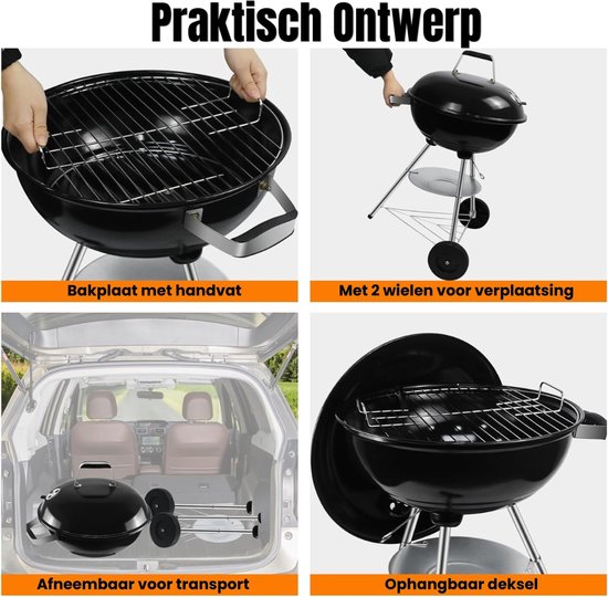 Houtskool Barbecue Met Deksel Voor Authentieke BBQ Smaak - Houtskoolbarbecue Op Wielen Met Stevig Metaal Design Voor Eenvoudig Verplaatsen - Kogelbarbecue Rond 51 x 47 x 78 cm Voor Tuin, Balkon en Camping - Zwart Design Met Optimale Warmteverdeling van Merkloos — afbeelding 3