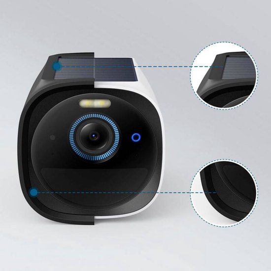 Zwarte eufyCam 3 met zonnepaneel, lampje en blauwe ring rond de lens.