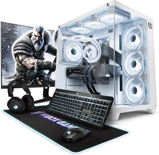 Compleet gaming-desktop met wit computerchassis, monitor met krijger, toetsenbord, muis en headset.
