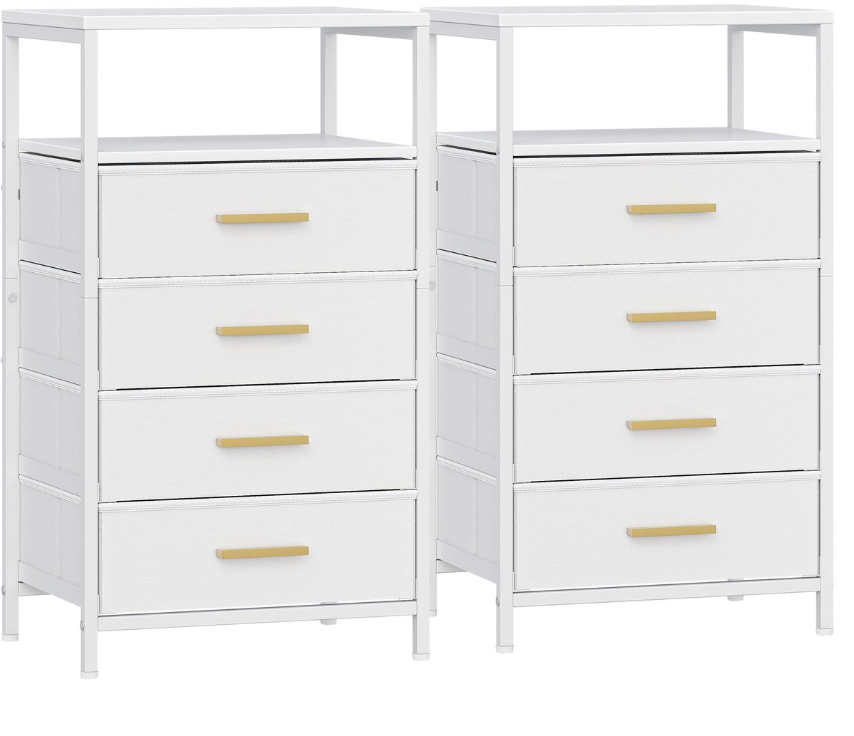CINK Home® Set van 2 Nachtkastjes met 4 Stoffen Lades – Moderne Ladekasten met Open Vak – Wit/Goud – Opbergkast voor Slaapkamer, Woonkamer of Hal – 30 x 40 x 70 cm