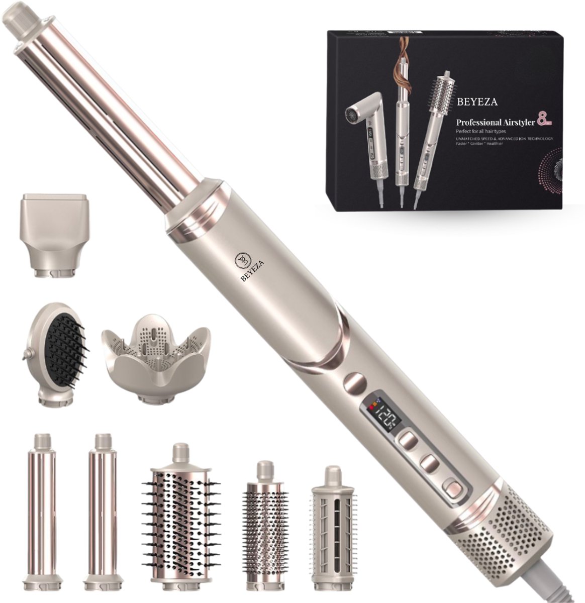 Beyeza Airstyler 8 in 1 - Fohn met Diffuser - Multistyler - Roterende Krultang 5 - Fohnborstel - Krulborstel - Haarstyler - Haardroger - Stijborstel - Warmteborstel - Hairwrap