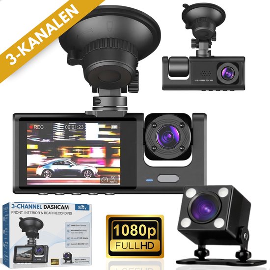 Boncy® Dashcam Voor Auto - 3 Kanalen Voor, Achter en Binnen Camera - 1080P Full HD - Dual Dashcams Met Achteruitrijcamera en Parkeermodus - G-Sensor - Nachtzicht - Loop Recording - 170 Graden Kijkhoek