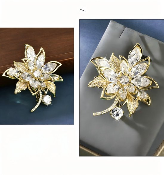 Gouden broche in bloemvorm met heldere, facetgeslepen stenen en kleine zirkonias.