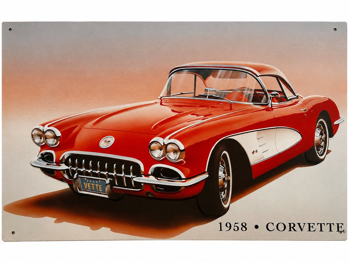 1958 Corvette Metalen Wandbord - 1958 Corvette Rood - 30x40 cm - Retro Auto Decoratie - Mancave Garage Bord - Wanddecoratie Woonkamer - Cadeau Man - Vintage Reclamebord - Horeca - Reclameplaat - Cafe - Bar - Kroeg - Tekstbord - Vintage - Muurplaat