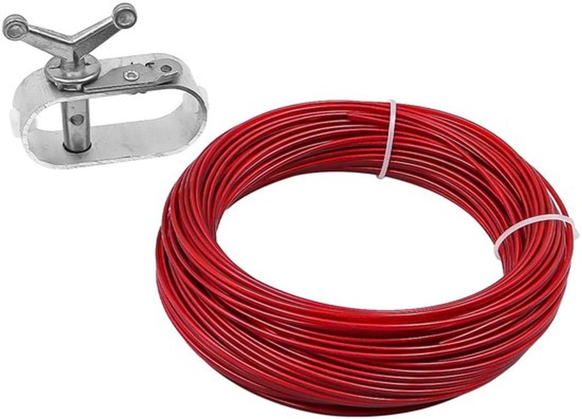 Stalen kabelspanner met stalen kabel (30 m lang) - Rood plastic omhulsel