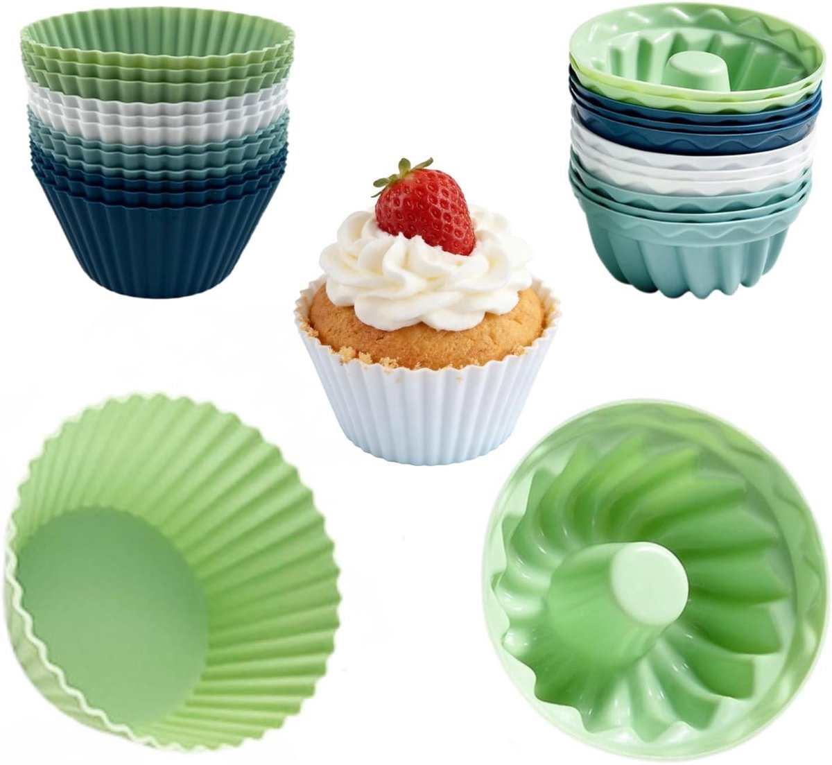Mini-tulbandvormen set van 24 stuks, siliconen anti-aanbak bakvormen voor muffins, cupcakes en brownies, BPA-vrij en herbruikbaar voor oven en airfryer