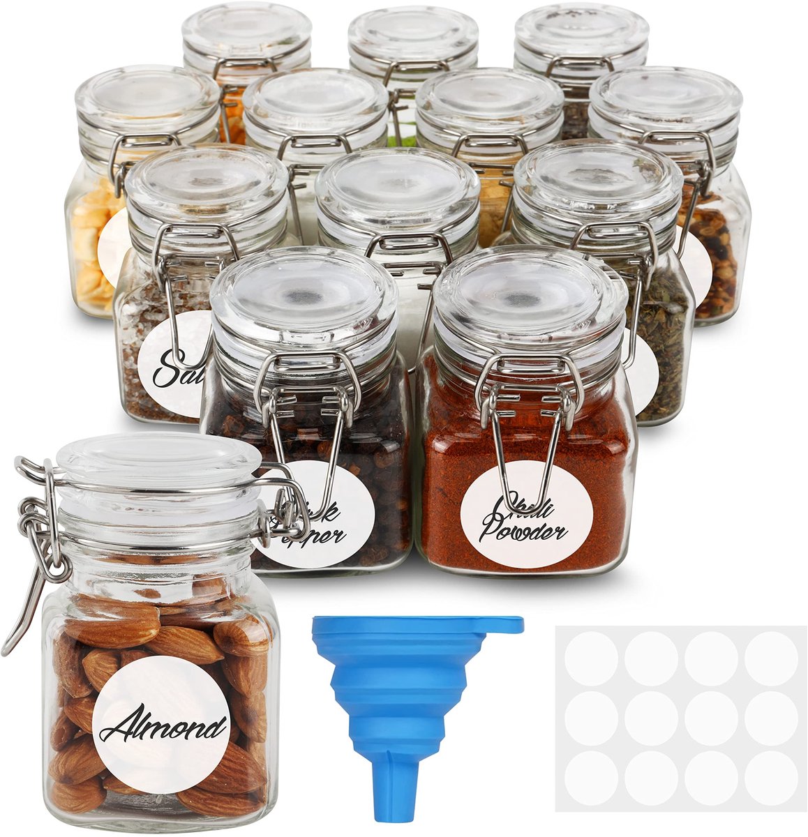 Dailygoods - Luchtdichte Glazen Specerijen Potten - Herbruikbare Opslag Containers - Inclusief Labels en Trechter - 120 ml - Ideaal Voor Keuken - 12 S