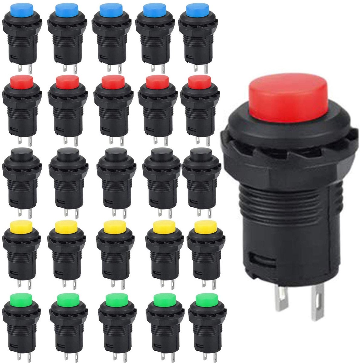 Mini Drukknop Schakelaar 25 stuks - Momentary Push Button in 5 Kleuren