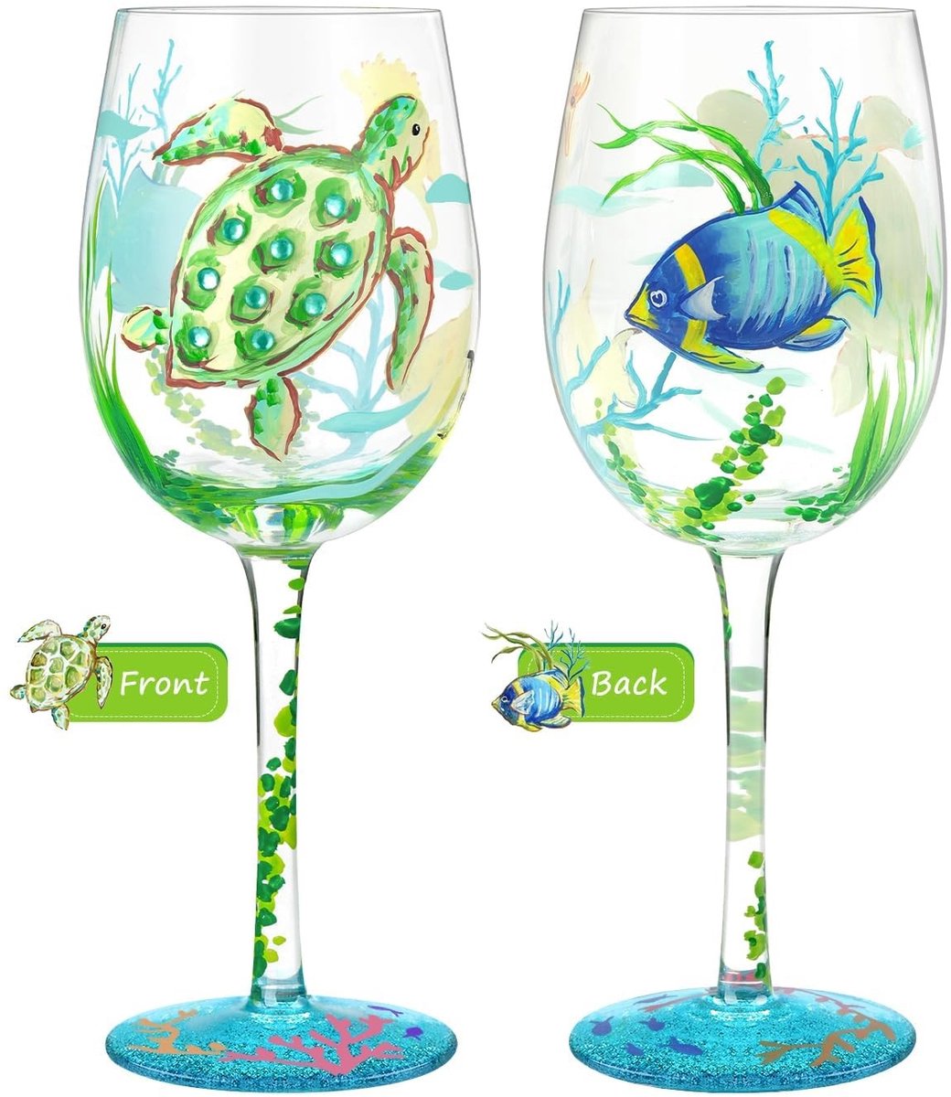Dailygoods - Handgeschilderd Wijnglas - Uniek Geschenk - Oceanen Design - Ambachtelijk Geschilderd - Voor Cocktailparty - 455 ml