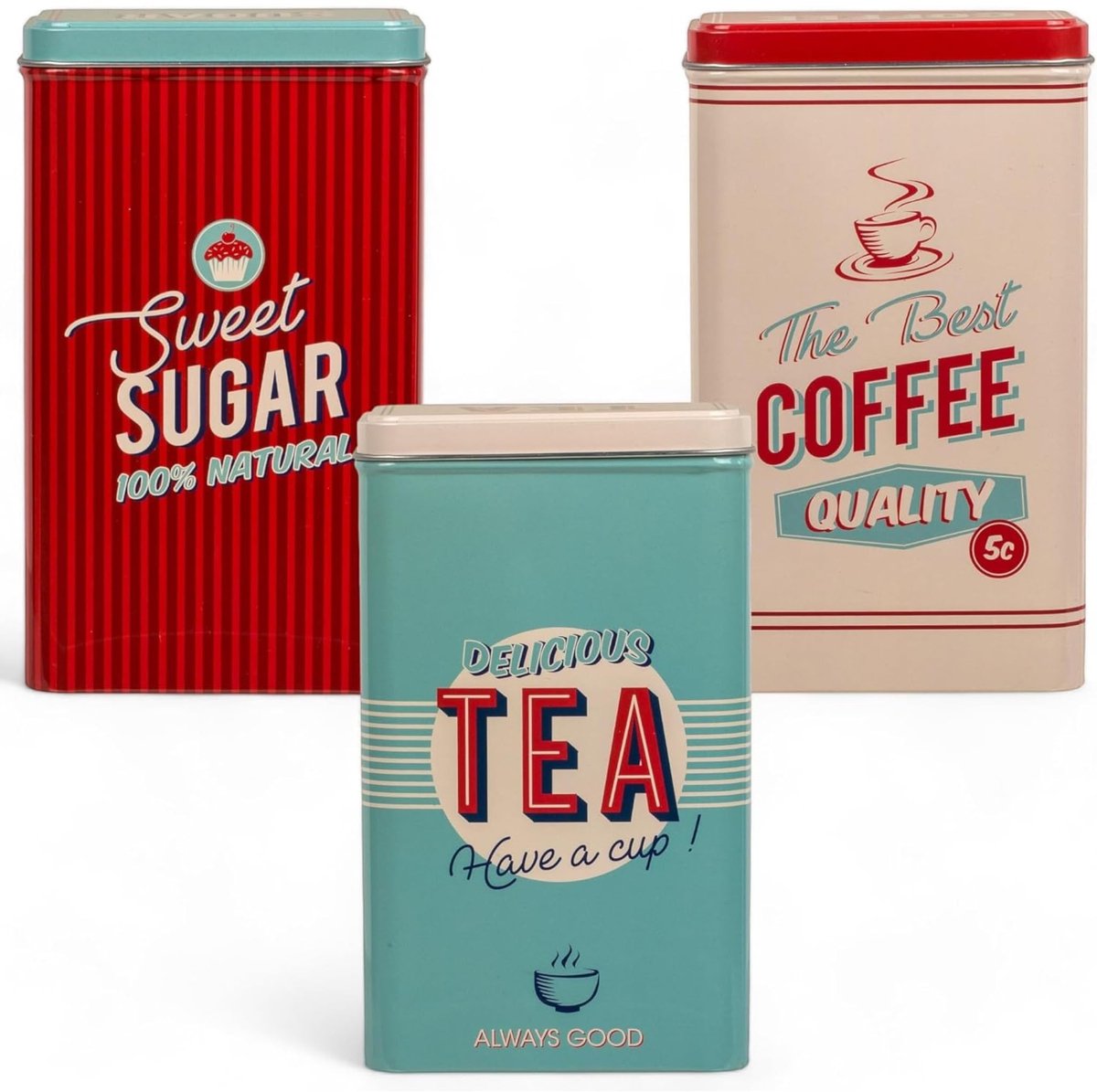 Elzusha - Retro Metalen Blikken Set - Nostalgische Voorraadpotten - Blauw/Rood - Koffie, Thee, Suiker - Vintage Ontwerp - Perfect voor Keuken