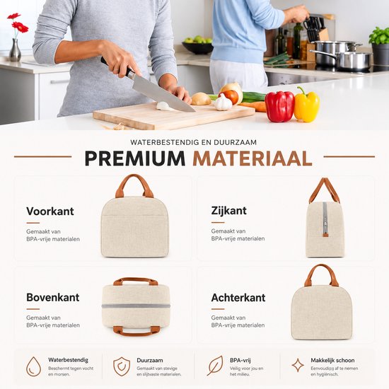 Beige koeltas van textiel met bruine handvatten, getoond vanuit alle hoeken. Waterbestendig, duurzaam en BPA-vrij.