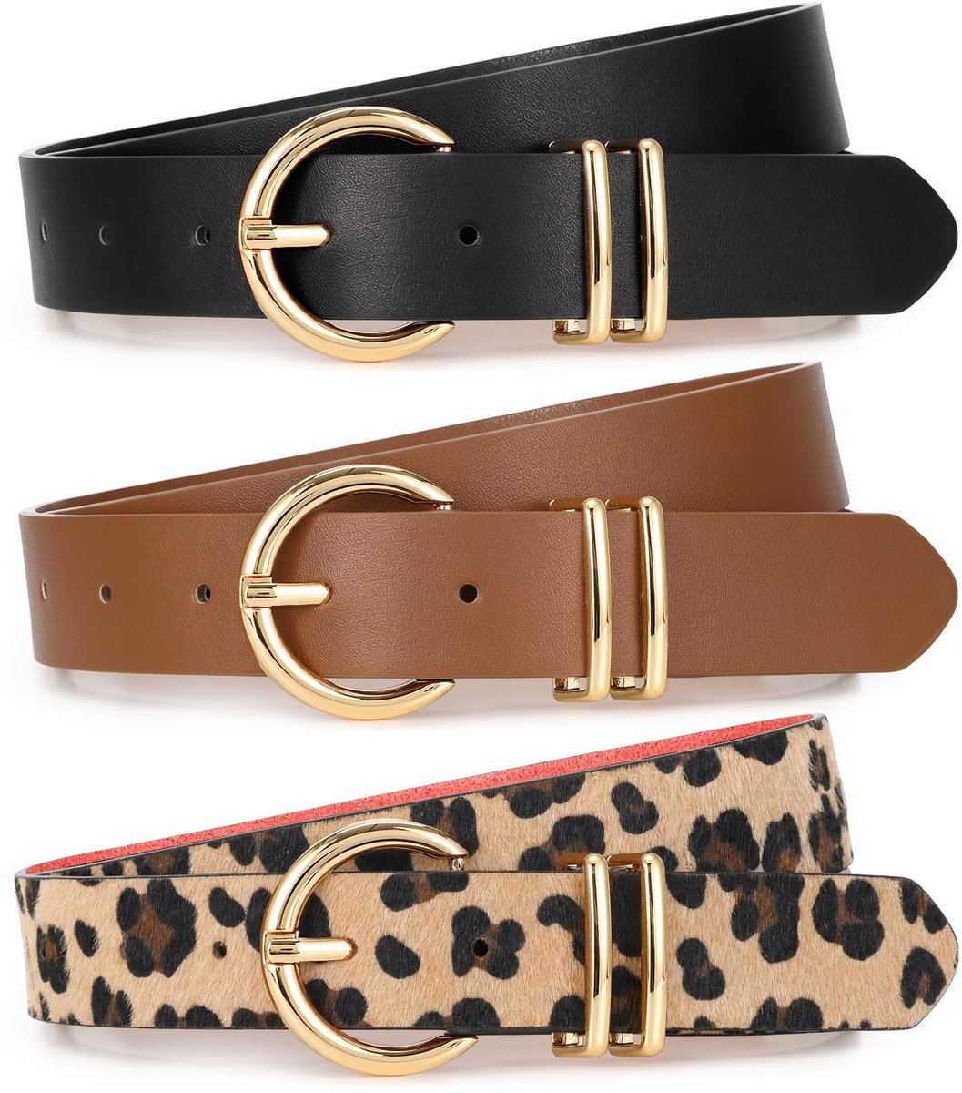 carmdering - 3 Stuks Riem - damesriem - riem dames - Stijlvol retro - Broekriem - Dames - Verstelbaar Unisex Ceintuur - 110cm - leer - damesriemen voor jeans jurken broeken dames lederen tailleriem met gouden gesp - Luipaardprint, Zwart, Bruin