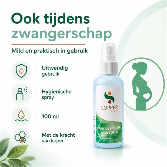 Mild en praktisch in gebruik tijdens zwangerschap, uitwendig gebruik, hygiënische spray, 100 ml, met koper. Een silhouet van een zwangere vrouw op de achtergrond.