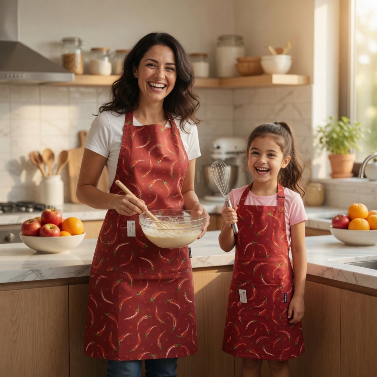 Schorten Set Moeder en Kind - Mini & Me Keukenschorten -Volwassen + Kinder Schort - Hete peper - Pepper