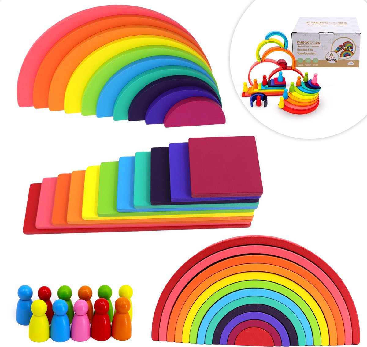 EverGoods Regenboog Speelgoed - Montessori Speelgoed- Educatief Speelgoed - Sensorisch Speelgoed - Houten Blokken - Incl. Opbzergzakje