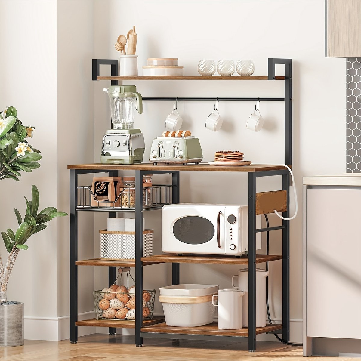 Keukenrek Vrijstaand 132 cm - Keukenplank met 4 Haken - Magnetronstandaard - Opbergrek Keuken - Rustiek Bruin en Zwart