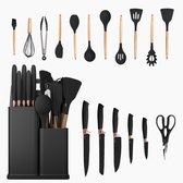 Set d'ustensiles de cuisine Noctis – Set de 19 pièces en marbre Zwart avec support – Accents en bois – Sans BPA – Ustensiles de cuisine – Résistant à la chaleur – Batterie de cuisine en Siliconen