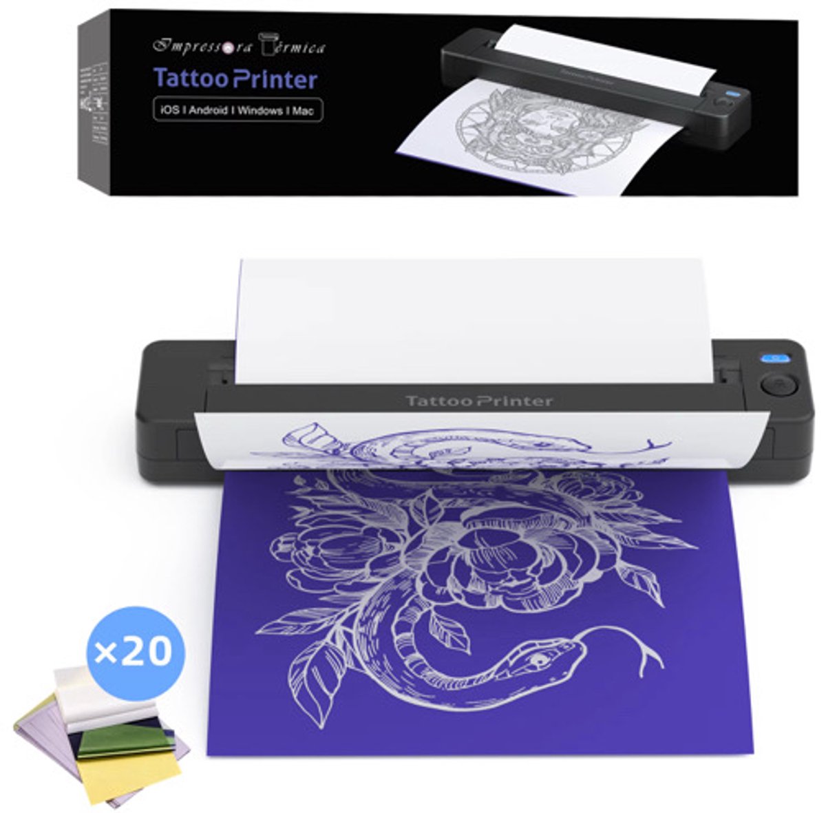 Impressora Térmica Draadloze Tattoo Printer voor Stencils - Thermische Printer A4 - Bluetooth - Inktloos - Stencils Printen Machine - Inclusief 20 stuks tattoo transferpapier