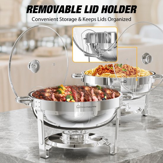 Warmounts 4-delige Ronde Chafing Dishes Buffetwarmer 4,7L - RVS met Glasdeksel, Stapelbaar, Met Dekselhouder - Party & Buffet Verwarming — afbeelding 2
