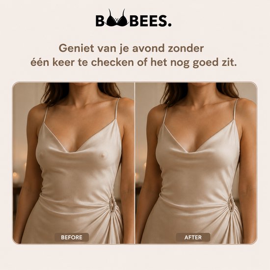 Voor en na foto van Boobeess nippel covers onder een satijnen jurk.