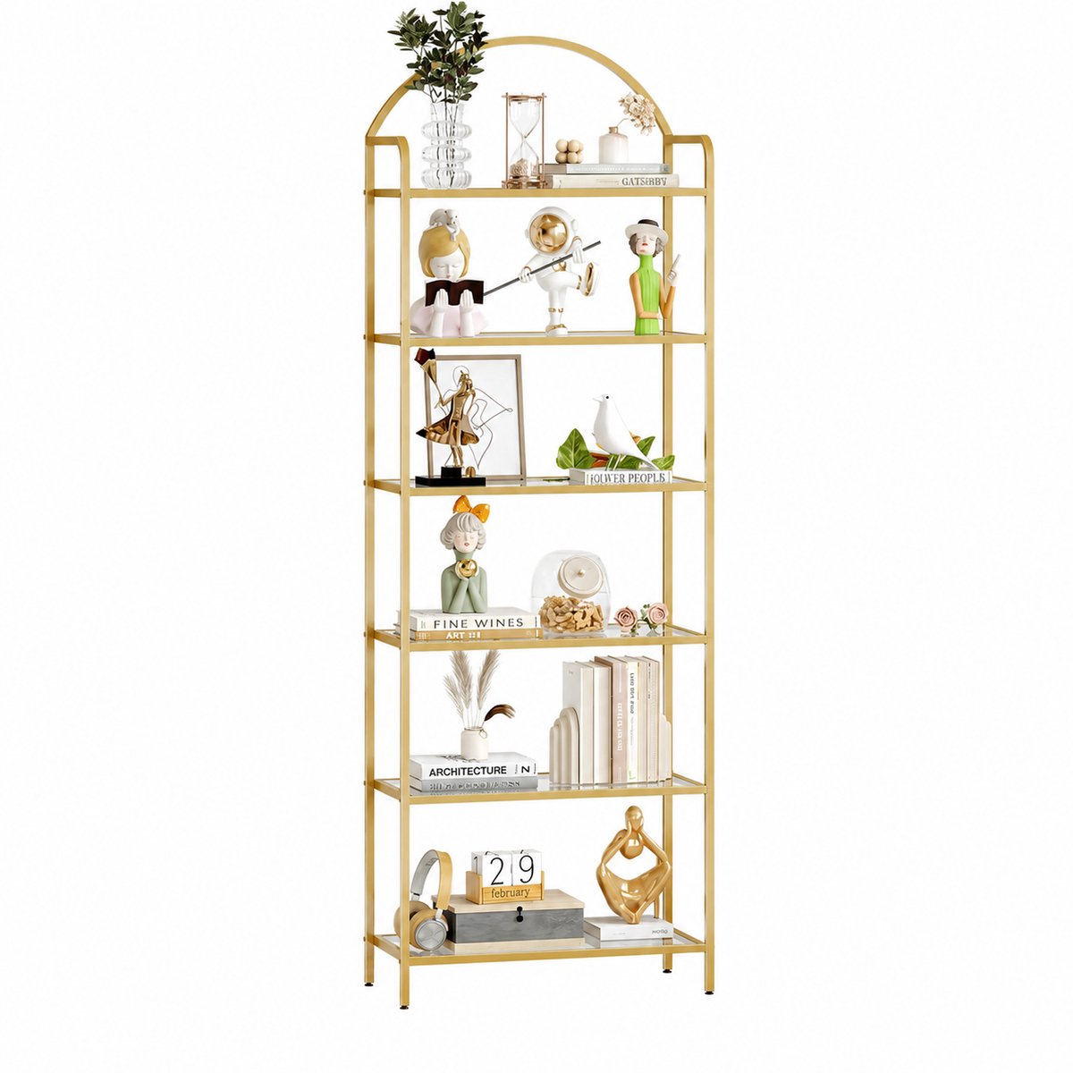Cink Home® Gouden Kast met Gehard Glas – Smalle Vakkenkast met 6 Planken – Modern Open Opbergrek voor Woonkamer, Slaapkamer & Thuiskantoor – Metaal & Glas – 180,5 cm