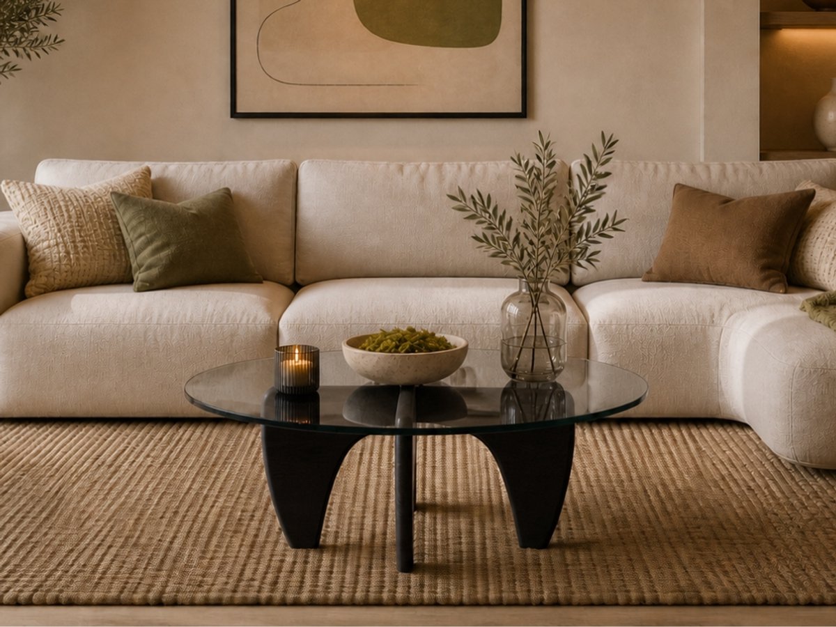 Salontafel - Zwart Hout - Rond Glas - Coffee Table - Tafel