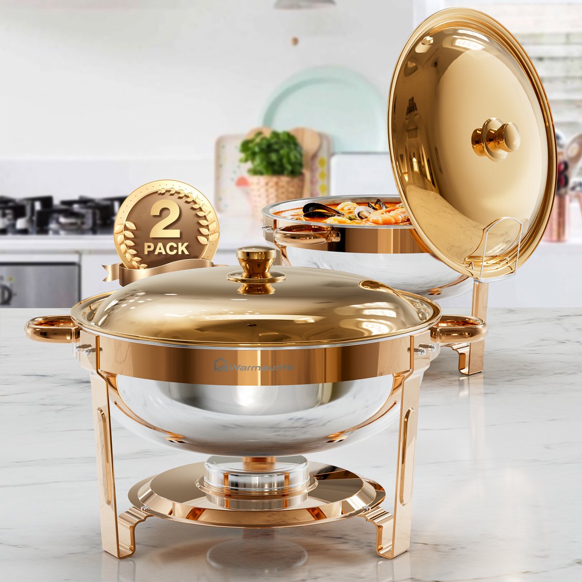 WARMOUNTS 2-delige Ronde 5QT Chafing Dish Set in Roségoud – RVS Buffetwarmer, Stapelbaar met Dekselhouder, Ideaal voor Catering, Feestjes en Bruiloften