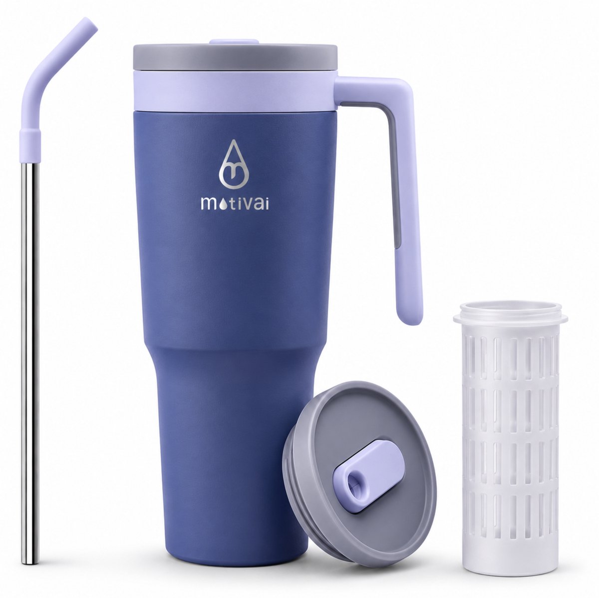 Motivai Travel Cup RVS Thermosbeker met Handvat & Rietje – 1.2L (40oz) – Lekvrij & Dubbelwandig – Drinkbeker To Go – Thermosfles Waterfles – Steen Grijs