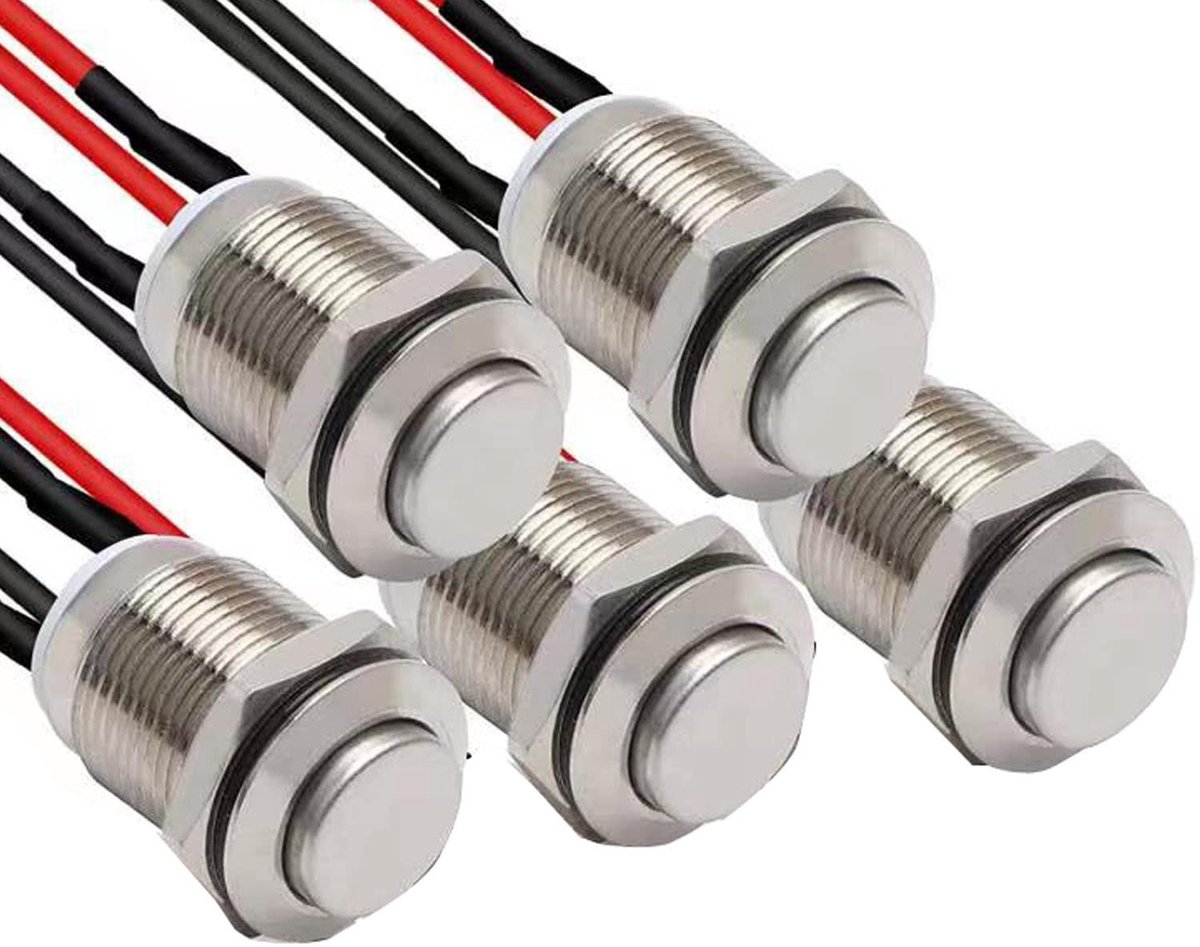 Mini Push Button Switch 12mm - 5 Stuks, RVS, Waterdicht, 12V, 2A, Geschikt voor Arduino