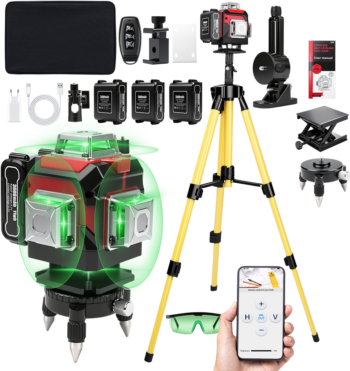 4D Kruislijnlaser met Draagkoffer Statief - 30 Meter Meetbereik - Zelfnivellerend Bouwlaser met 16 Lijnen - Laser Waterpas met 3 batterijen - 360 Graden Rotatie Zelfnivellerende Laser - Zelf Nivellerend Kruislijn Laser - Bouw Kruislaser
