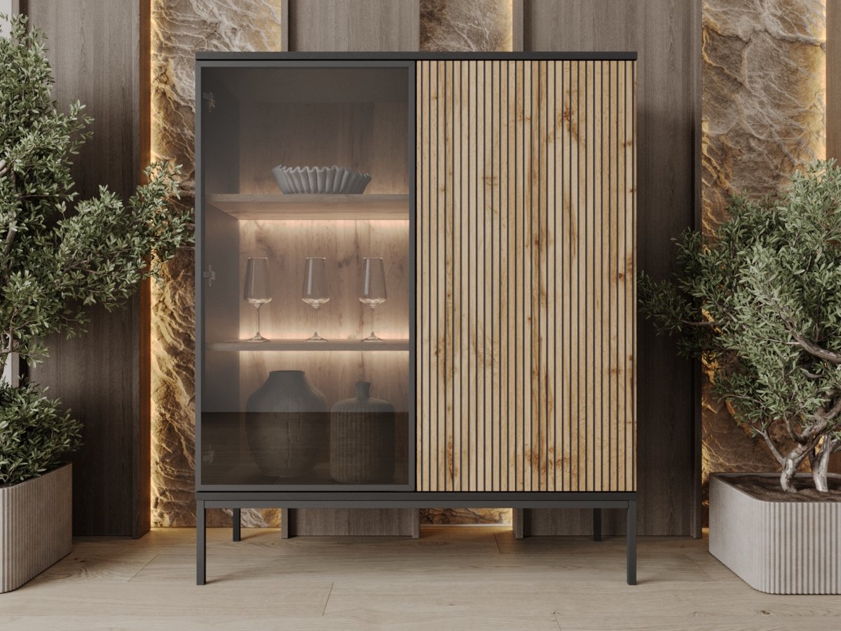 GrainGold – Vitrinekast Deo – Mat zwart - Met Deuren en Ledverlichting - Moderne Opbergruimte - 126 cm