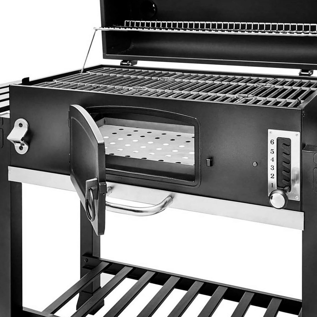 Houtskool BBQ Smoker Grillwagen XXL – Staande Barbecue Rookoven met Gietijzeren Roosters, In Hoogte Verstelbare Kolenbak (6 Niveaus), Thermometer, Zijtafels & Wielen – House&Garden Hero XXL Premium Grill – 142x46x111 cm