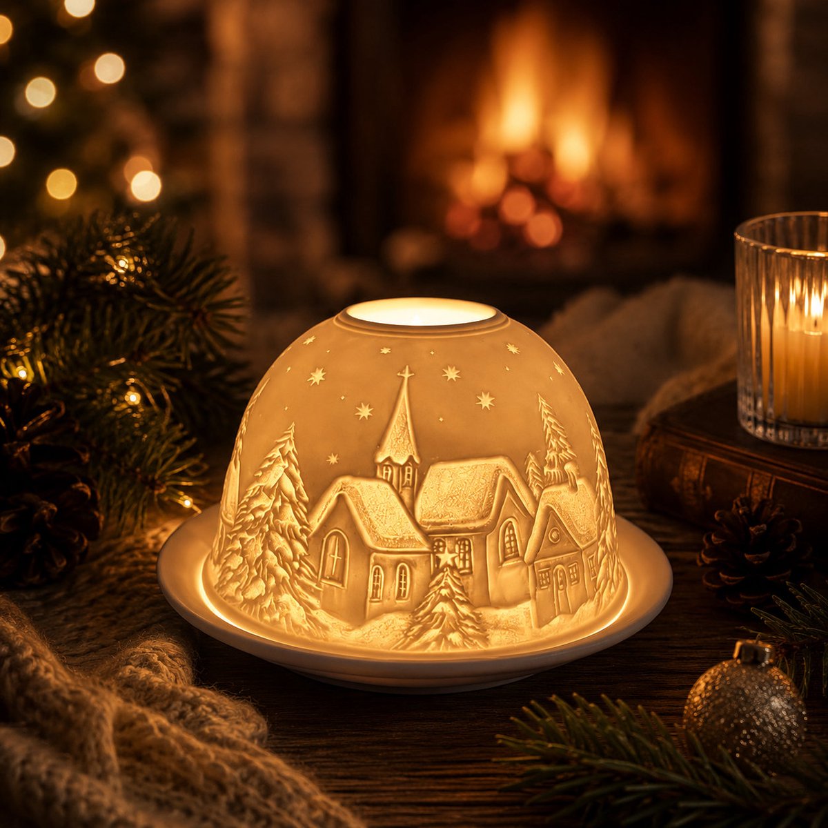 Candle Wisdom – Merry Christmas - Winterdorp - Porseleinen waxinelichthouder – Porseleinen theelichthouder - Porseleinen koepel – Sfeerlicht - Cadeau – Geschenk – Valentijn – Moederdag – Verjaardag – Kerst