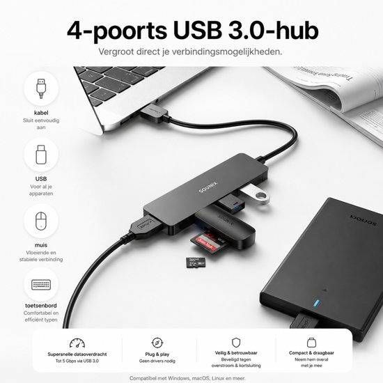 Hub USB 3.0 Sounix noir à 4 ports avec des appareils connectés, y compris une carte SD et un disque dur externe.