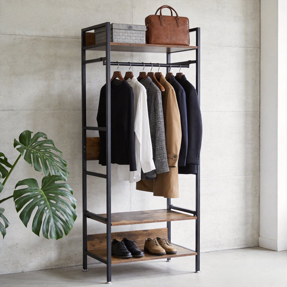 unho Industrieel Kledingrek - Garderoberek met 3 Verstelbare Planken - Metaal & Houtlook - 60x40x162 cm - Zwart/Rustiek Bruin