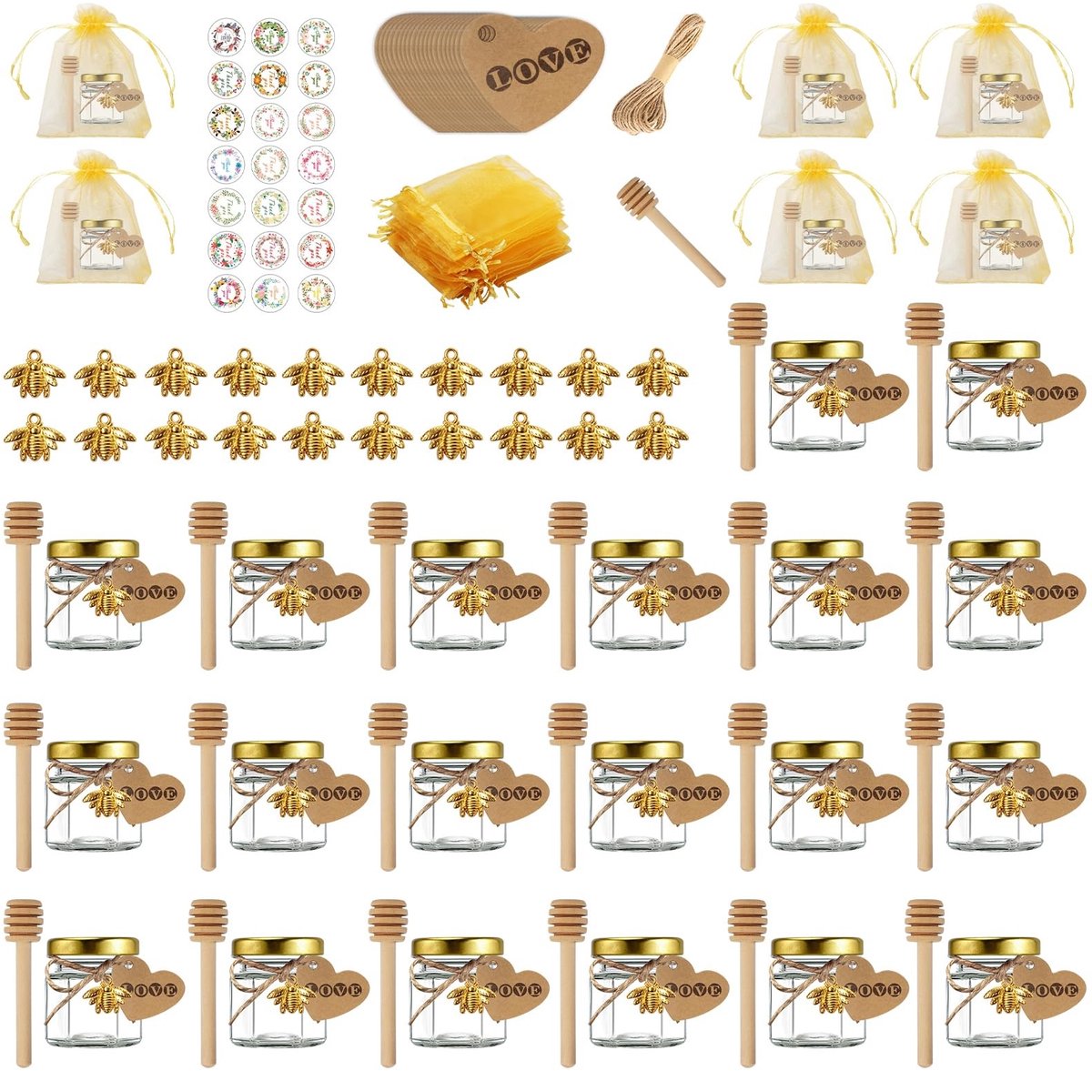 Dailygoods - Glazen Honingpotten - Mini Glazen Honingpotten - Duurzaam en Herbruikbaar - Zeshoekig - Honing en Jam - Perfect voor Decoratie - Set van